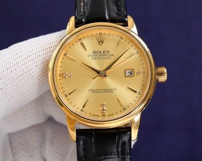 Rolex Datejust 8215 Movement 40mm 316L Steel Case Black Calfskin Band White/Gold Face Watch